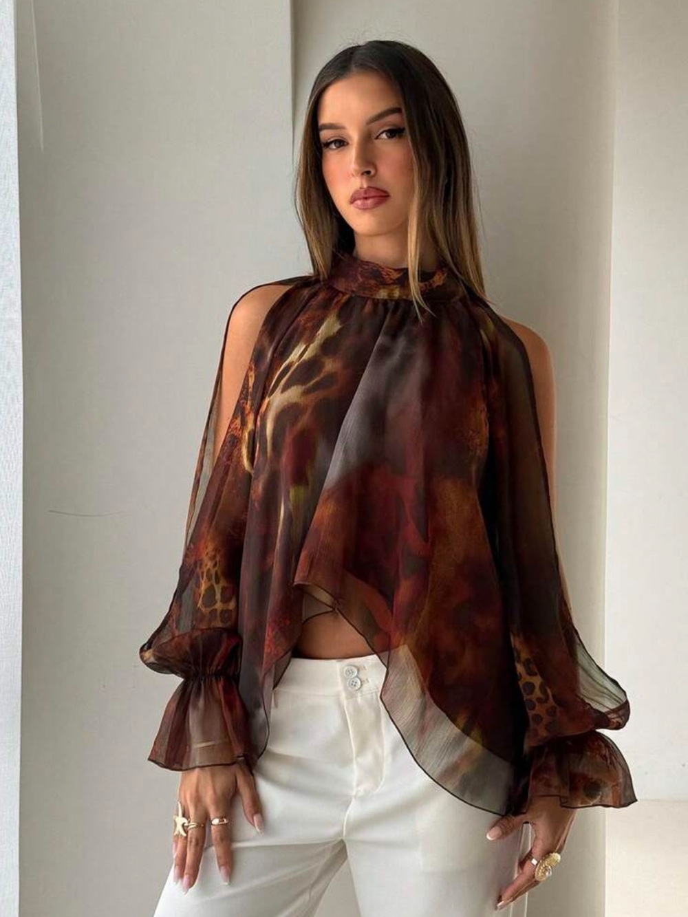 Aloruh Boho Stand Collar Tie Long Sleeve Flared Asymmetrical Hem Chiffon Printed